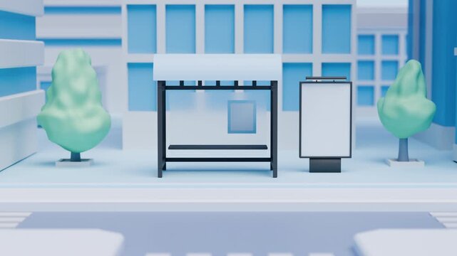 Animation of a city street, bus stop and advertising banner with blank space for text. Minimalist 3D style of a downtown or business district, empty billboard. Tamplate for ads, branding content