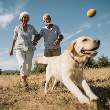 Happy Senior Couple Playing With Golden Retriever Dog Outdoors