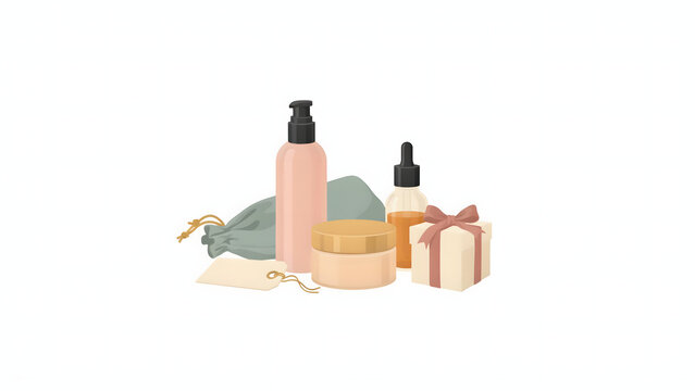Flat vector beauty cosmetics gift set with serum bottle lotion jar makeup bag and box