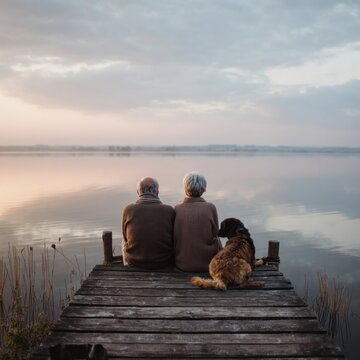 Senior Couple With German Shepherd Dog Sitting On Lake Pier