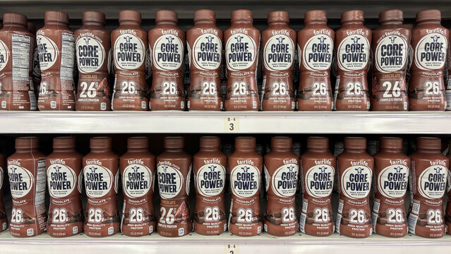 fairlife Core Power protein milkshake display at a store. fairlife is a subsidiary of the Coca-Cola Company.