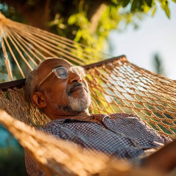 Senior African American Man Sleeping In Rope Hammock In Garden