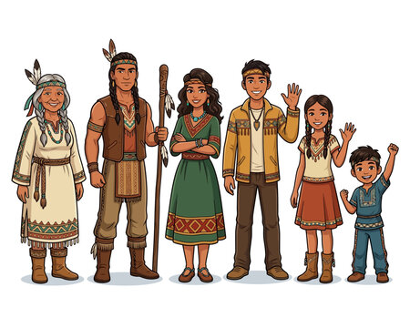 A happy multi generational family from an indigenous heritage wearing traditional cultural clothing while standing together for a collective portrait celebrating their ancestral roots and common