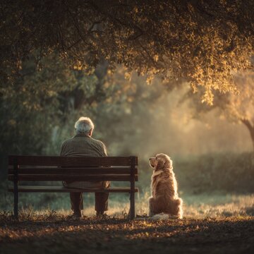 Senior Man Sitting On Wooden Park Bench Looking At Golden Retriever Dog