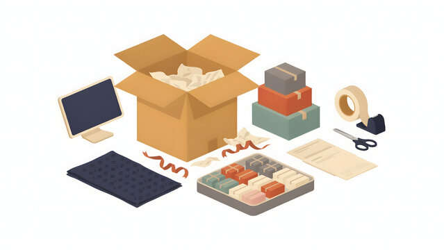 Flat isometric packaging station set with cardboard box tape dispenser scissors screen and gift boxes