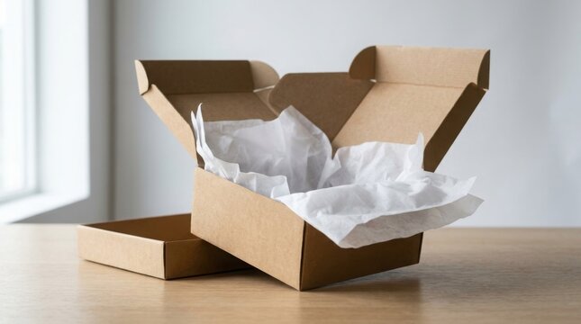 Open cardboard shipping box with white tissue paper on a wooden table