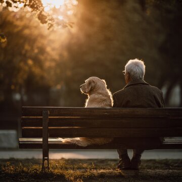 Senior Man Sitting On Wooden Park Bench Looking At Golden Retriever Dog