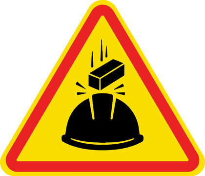 Construction safety warning sign, falling objects hazard icon, yellow triangular caution symbol with hard hat and brick, industrial site vector ,Clean grouped each Icon