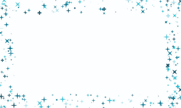 Confetti like stars scattered around a white rectangle with soft blue and teal tones