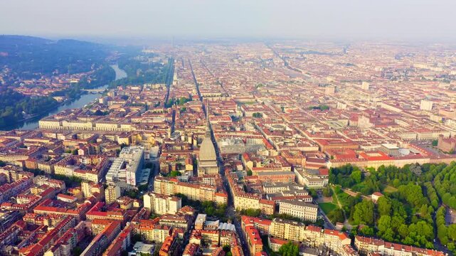 Turin, Italy. Flight over the city. Historical center, top view. Drone footage