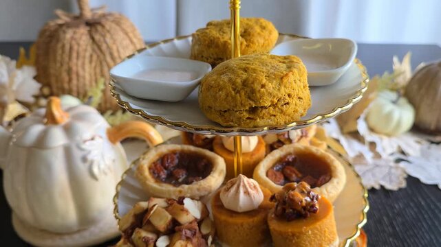 Fall theme afternoon tea table scene with pumpkin spice tea, scones, cozy pumpkin, pecan and apple desserts and autumn theme finger sandwiches and savory items. Slow, close up, downward panning motion