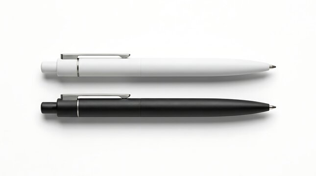 Two minimalist ballpoint pens in black and white isolated on a clean white background