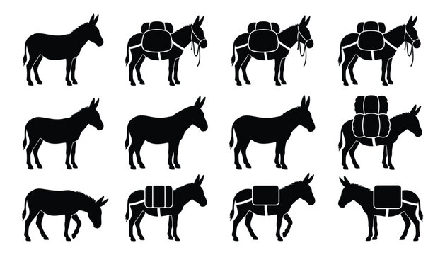 Donkey Silhouette Vector Set with Pack Mules Carrying Luggage and Bags for Farming and Transportation Icons