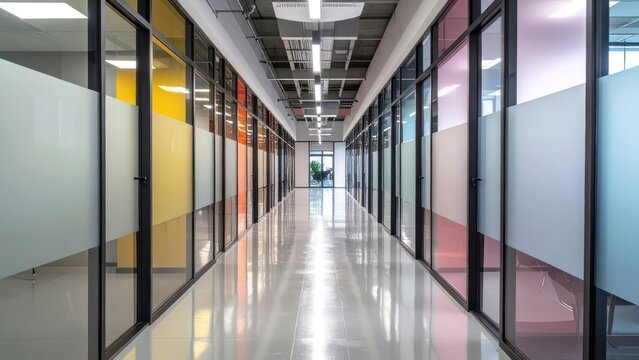 Clean Modern Data Center Hallway with Colorful Server Cabinets and Bright Lighting with high quality professional line art symbols for modern creative design and digital branding projects