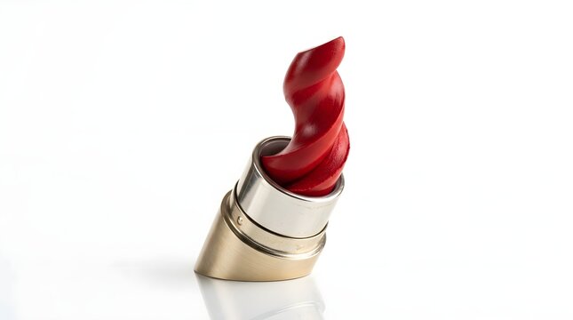 Elegant Red Lipstick with Unique Spiral Texture in a Gold and Silver Metallic Tube Isolated on Plain White Background Luxury Cosmetics Concept