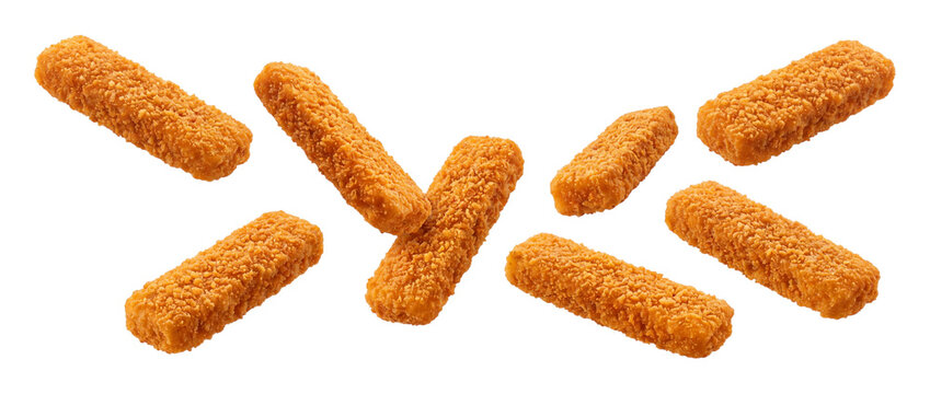 Falling crispy breaded fish sticks isolated on transparent background