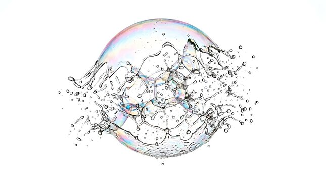 Abstract 3D illustration of a water splash exploding inside a soap bubble on a white background
