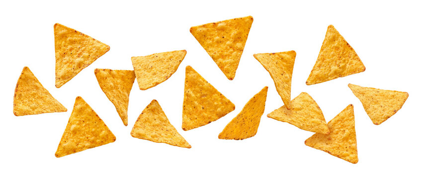 Falling corn tortilla chips isolated on transparent background