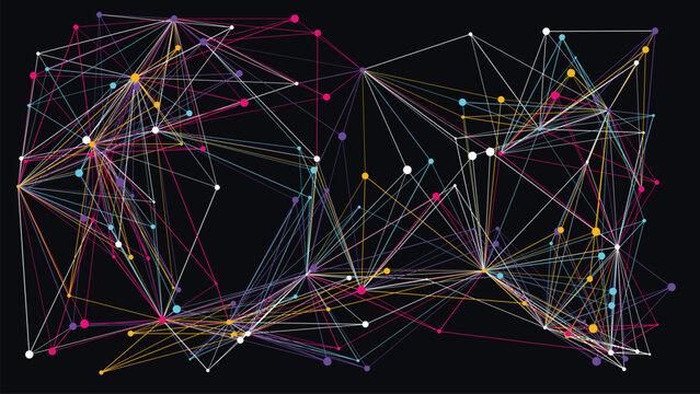 Colorful digital network nodes interconnected by geometric lines