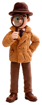 Clay detective character holding a magnifying glass to examine something closely