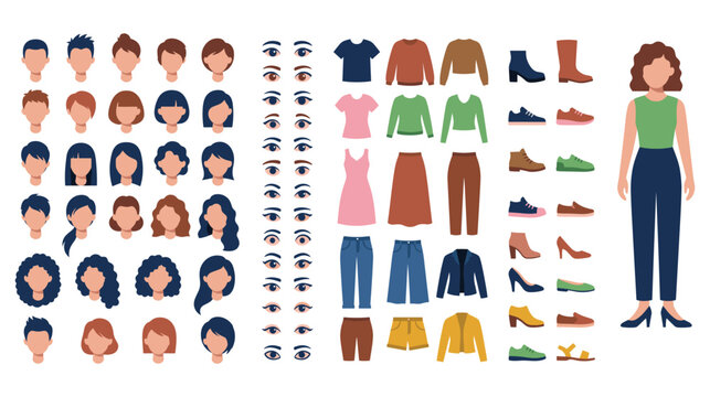 Fashion character constructor with clothing accessories and faces.