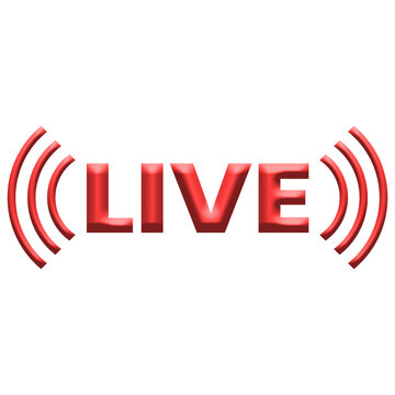 Red live streaming text icon with wireless signal waves, broadcast and media symbol isolated on white background
