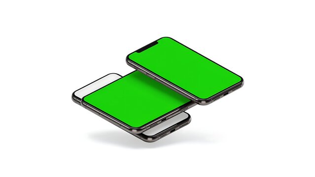 Isometric smartphone mockup with green screen, floating mobile phone display on white background, digital device template for app design