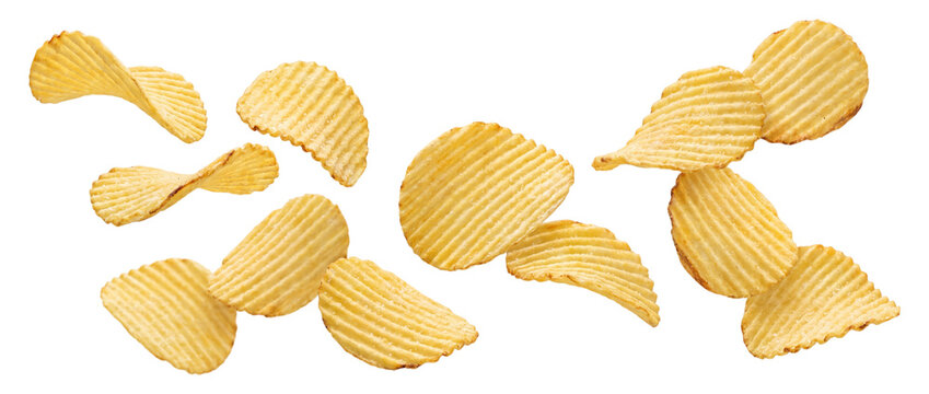 Ruffled potato chips flying isolated on transparent background
