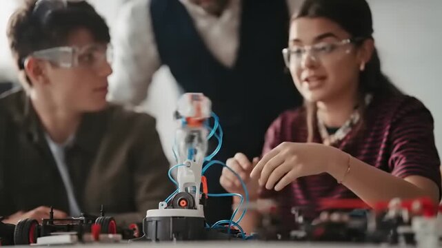 Engineering students collaborating on robotics project in workshop.