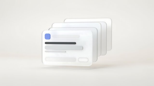 Minimalist 3D credit cards in frosted glass style. Stack of translucent bank cards for digital payment and fintech concepts.