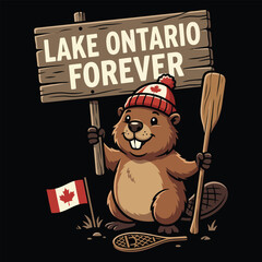 Lake Ontario Forever Cute Canadian Beaver Vintage Outdoor T-Shirt Design with Snowshoes and Maple Leaf © TAPU SHAHA