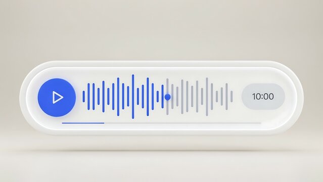 Minimalist 3D voice message interface, blue audio waveform on white clay button, digital sound recording player for mobile app UI design