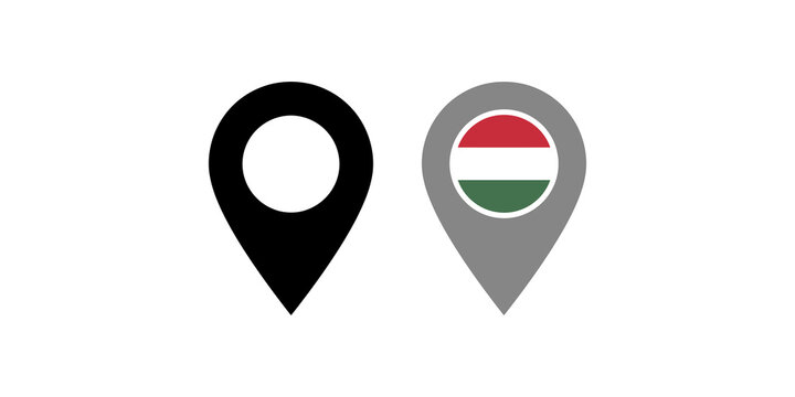 Black map pointer and Hungary country flag pin icon set for navigation and location based applications.