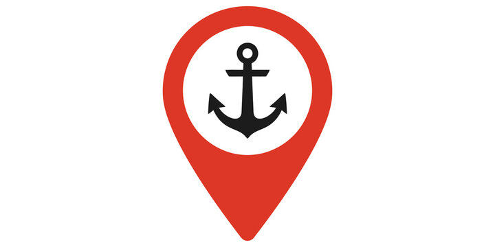 Anchor location map pin icon in red and black colors for nautical navigation and maritime travel destination mapping.