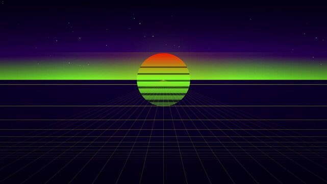 The retro style sunset sits above a digital grid landscape.