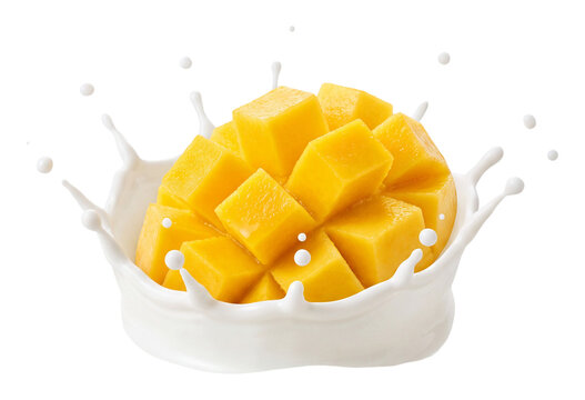 Falling mango cubes splashing in milk isolated on transparent background