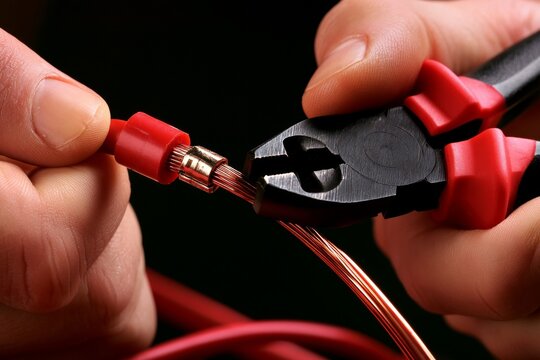 Electrician Crimping a Copper Wire Terminal with Pliers