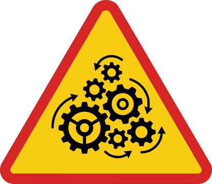 Industrial warning sign with rotating gears, yellow triangle caution symbol for machinery, mechanical engineering safety vector icon ,Clean grouped each Icon