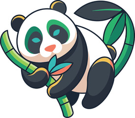 Cute cartoon panda bear holding and eating fresh green bamboo branches illustration © MdMejbahul