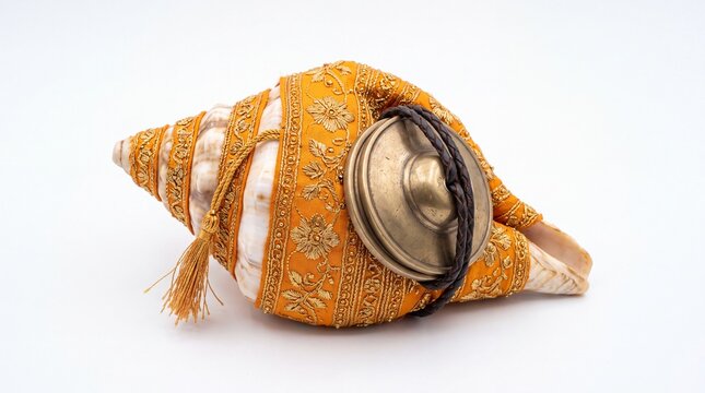 Ornate hindu ritual conch shell with brass cymbal on white background