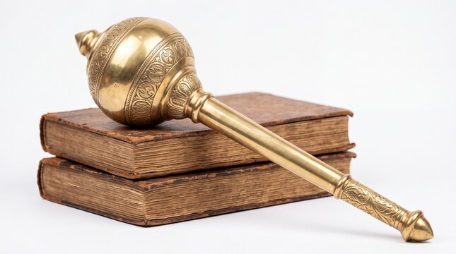 Golden ornate mace gada resting on vintage books white background