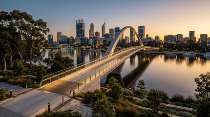 Obraz premium Elizabeth quay pedestrian bridge stretches gracefully over the calm river waters toward the glowing Perth city skyline during vibrant sunset