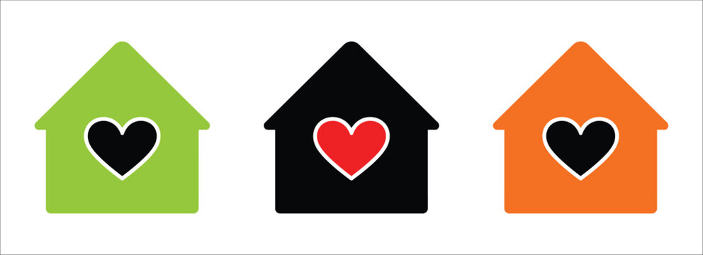 Colorful house icons with heart symbols, green, black, and orange home shapes representing love, family, property, shelter, care, and residential concepts, vector illustration