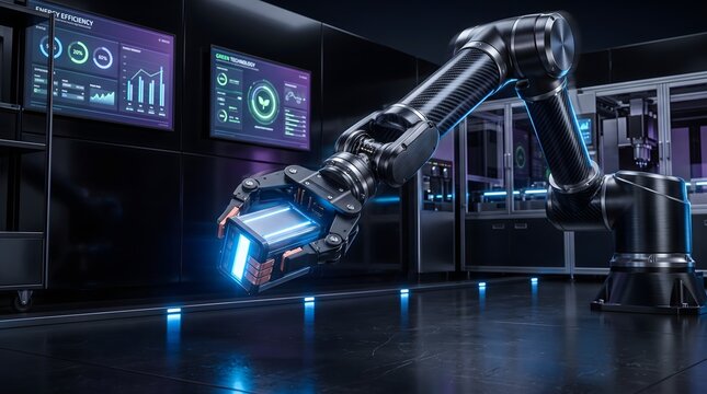 High Tech 3D Rendering of Robotic Arm Handling Glowing Blue Energy Cell Featuring Dark Metallic Textures in Modern Automated Factory.
