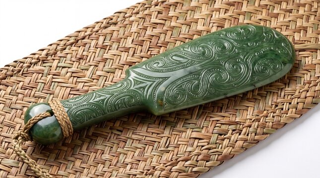 Traditional maori greenstone mere club with intricate carvings