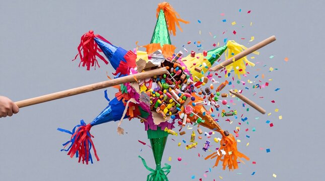 Colorful pinata bursting with candy and confetti during celebration