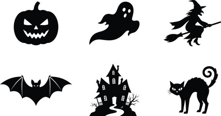 Fototapeta premium Halloween silhouette collection, spooky pumpkin jack o lantern, floating ghost, flying witch, bat, haunted house, scary black cat icon, vector set