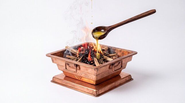 Pouring ghee into sacred fire ritual in copper havan kund