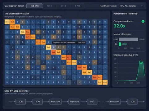 Neural network quantization matrix dashboard with performance telemetry and inference metrics interface