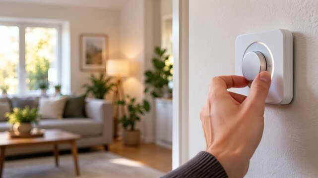 Hand adjusting a smart home thermostat in a modern living room, showing temperature control, energy efficiency, home comfort and connected technology solutions.